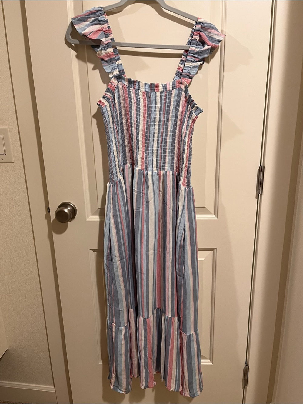 Women’s Striped Ruffle Strap Maxi Dress - Pink & Blue